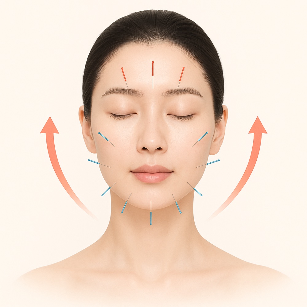 얼굴에 정안침을 놓아 끌어올리는 정안침 시술 일러스트